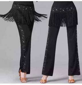 Women girls black fringe latin ballroom salsa dance long trousers modern salsa rumba ballroom dancing long pants